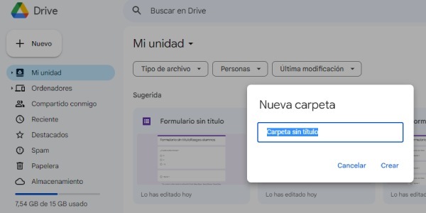 crear nueva carpeta en google drive 